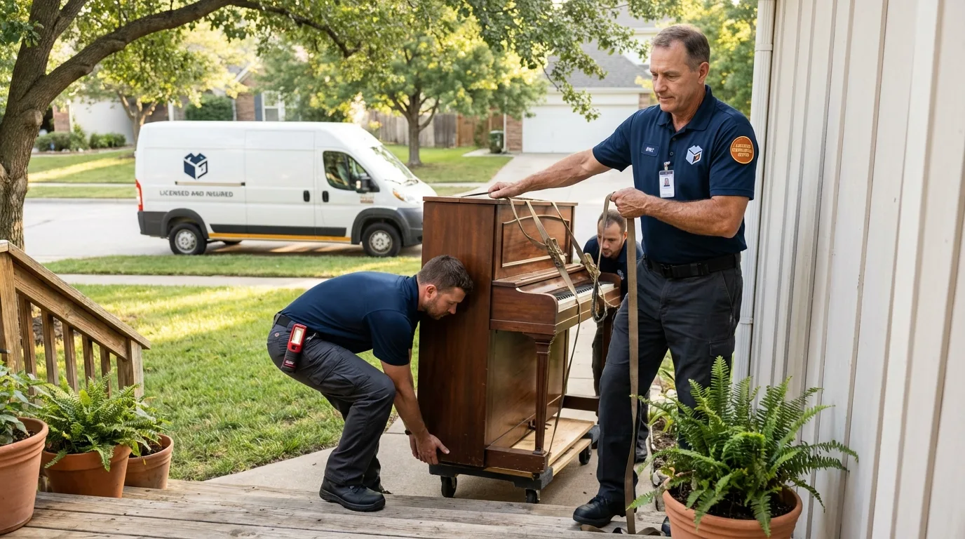 Licensed piano movers securing grand piano in New Castle, VA