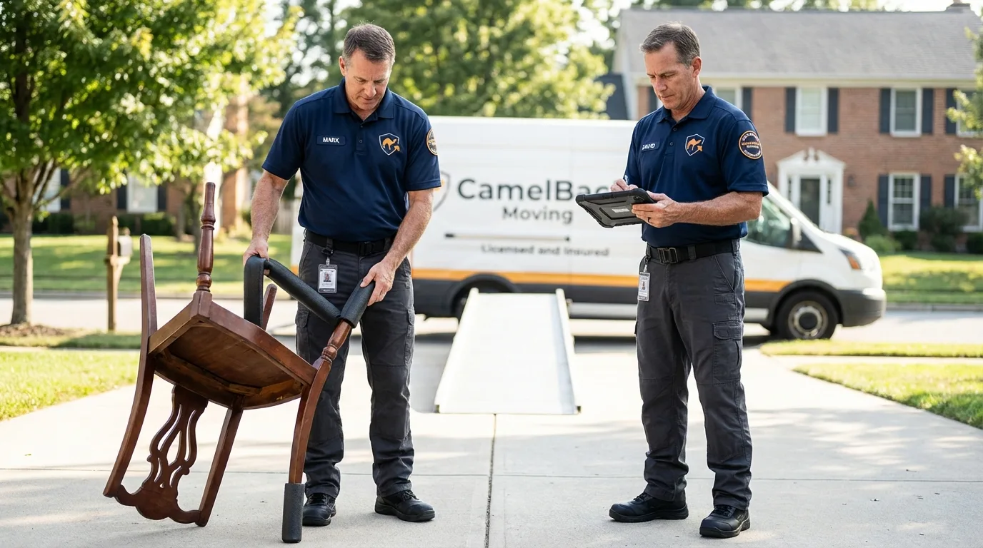 Movers inspecting furniture for damage prevention before loading in New Castle, VA