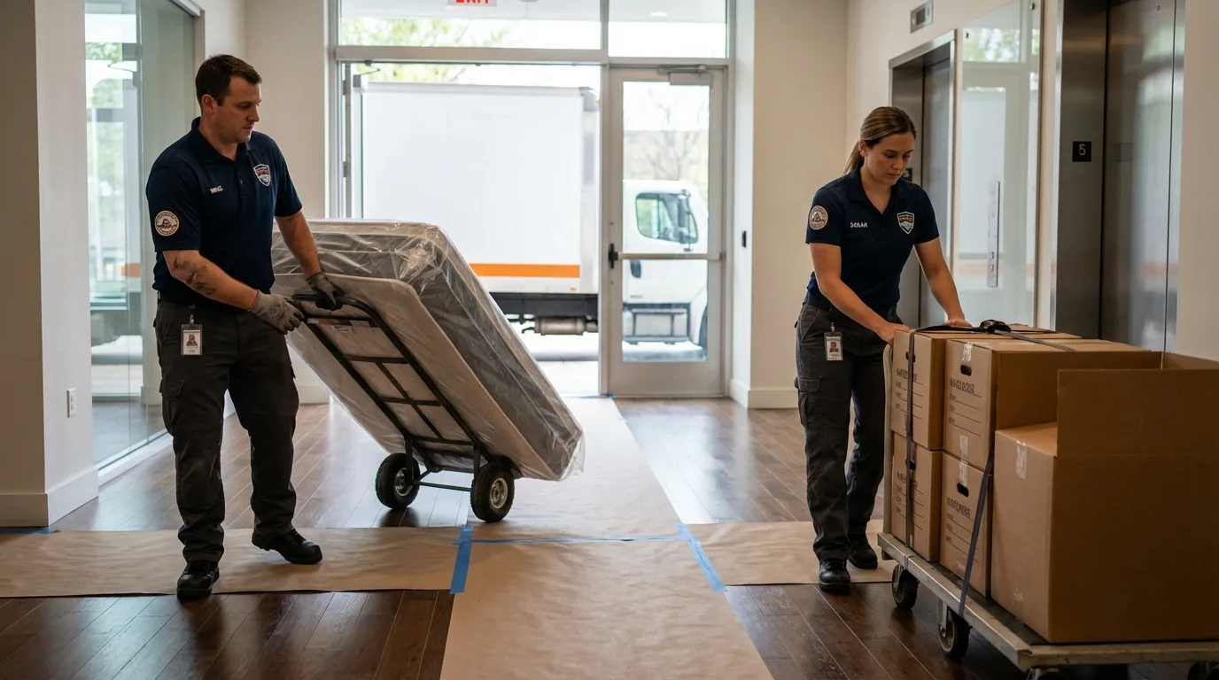 Professional apartment movers loading elevator in New Castle, VA
