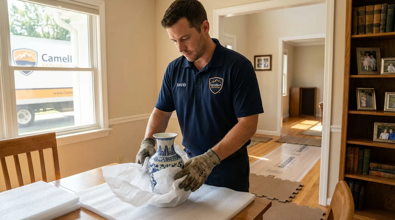 Professional crew carefully wrapping antique vase for senior downsizing move in New Castle, VA